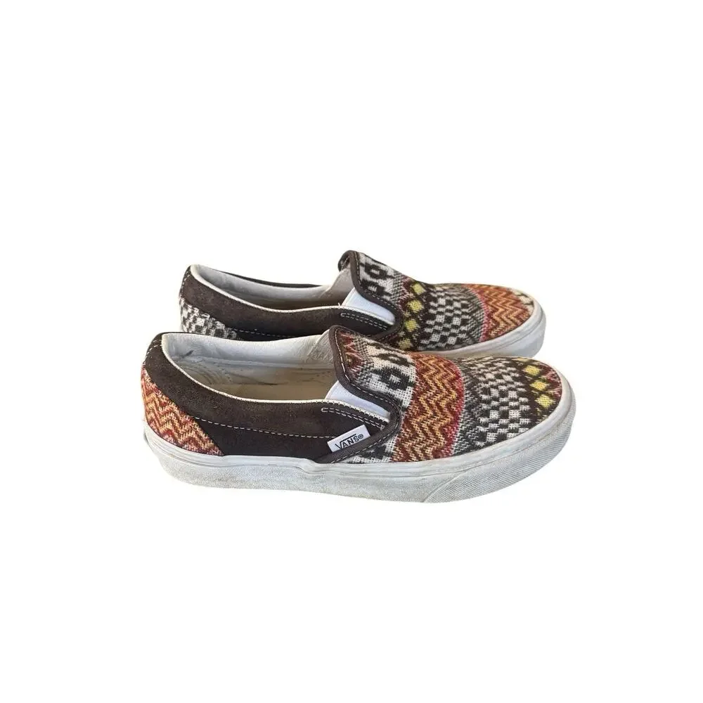 Vans Classic Slip On Fair Isle Brown Woven Textile Sneakers Size 3.5